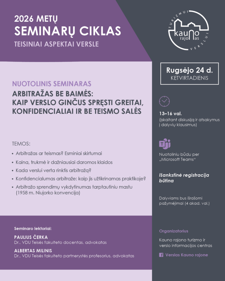 NUOTOLINIS SEMINARAS „Arbitražas be baimės: kaip verslo ginčus spręsti greitai, konfidencialiai ir be teismo salės“