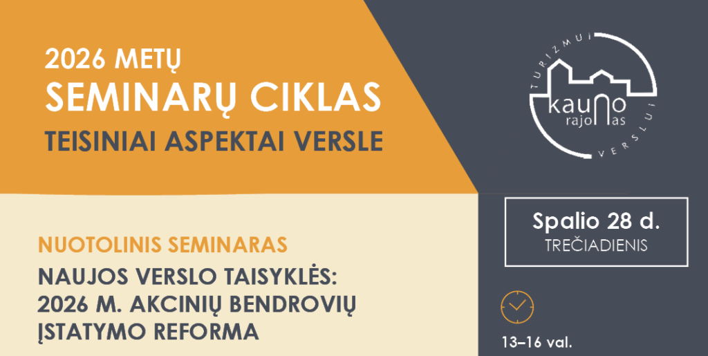 Nuotolinis seminaras „Naujos verslo taisyklės: 2026 m. Akcinių bendrovių įstatymo reforma“ plakatas